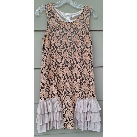 Paisley Vine Lace Ruffles Sleeveless Tank Mini Dress Tan Black Nude Coquette S - Picture 2 of 10